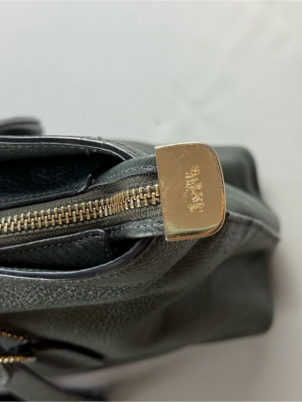 Coach Pebbled Leather Zip Top Tote Shoulder Bag Dark Green Gold Hardware